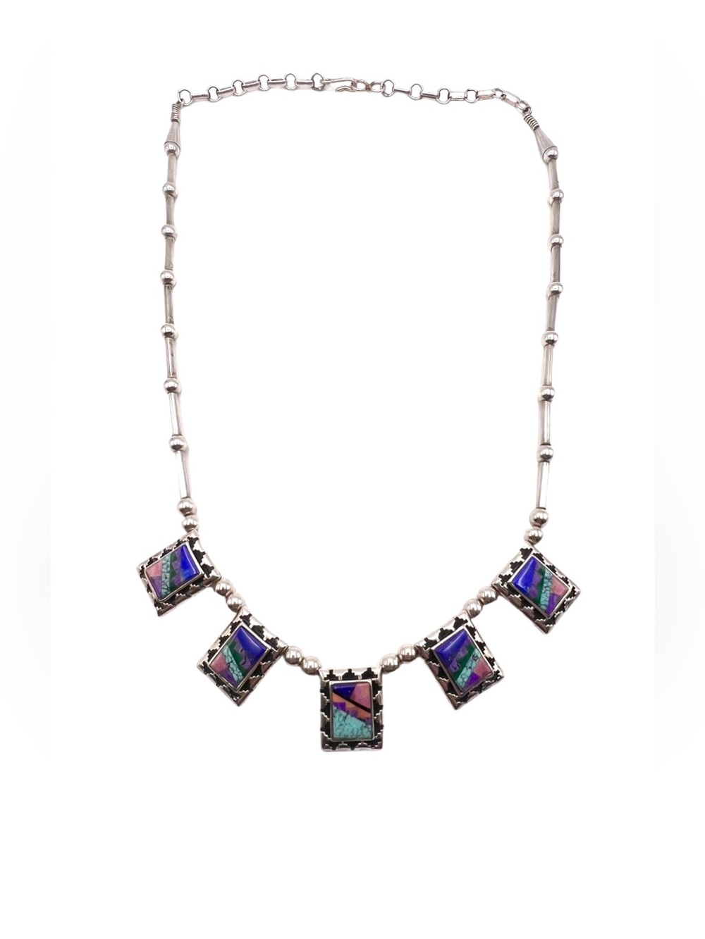 Navajo Native American Sterling Silver Turquoise Multi Stone Inlay Bib Necklace - Picture 4 of 10